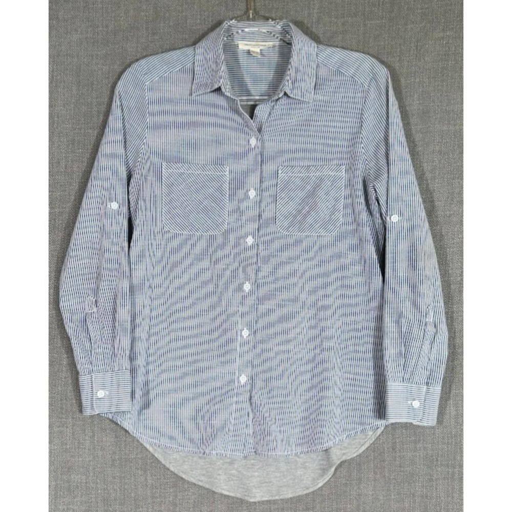 beachlunchlounge Button Up Shirt Womens XS Blue Striped Long Sleeve Mixed Media